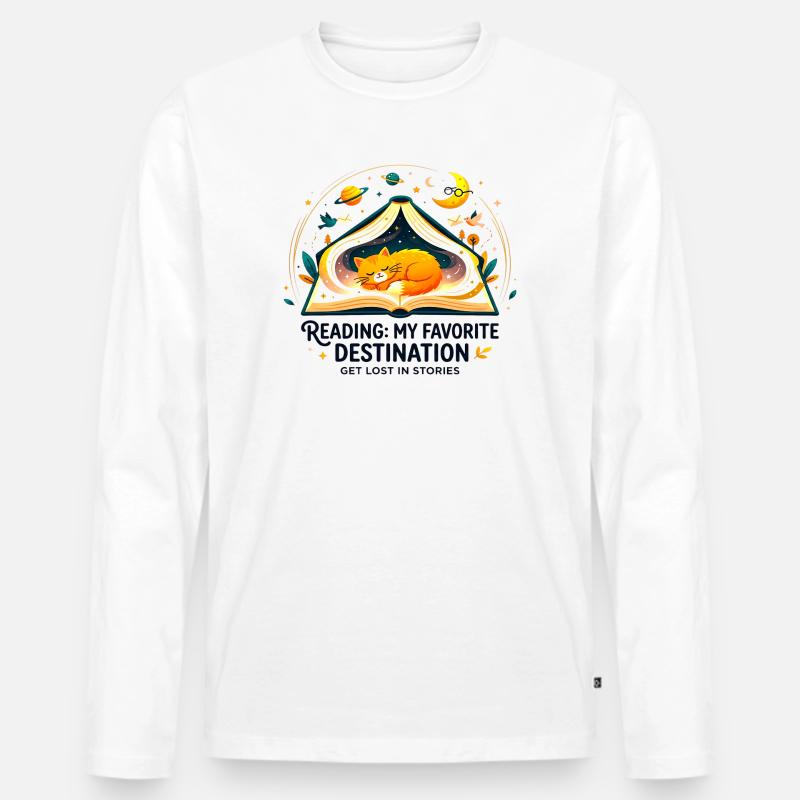 Reading_Cat_Favorite_Destination - Männer Premium Bio Langarmshirt - Weiß