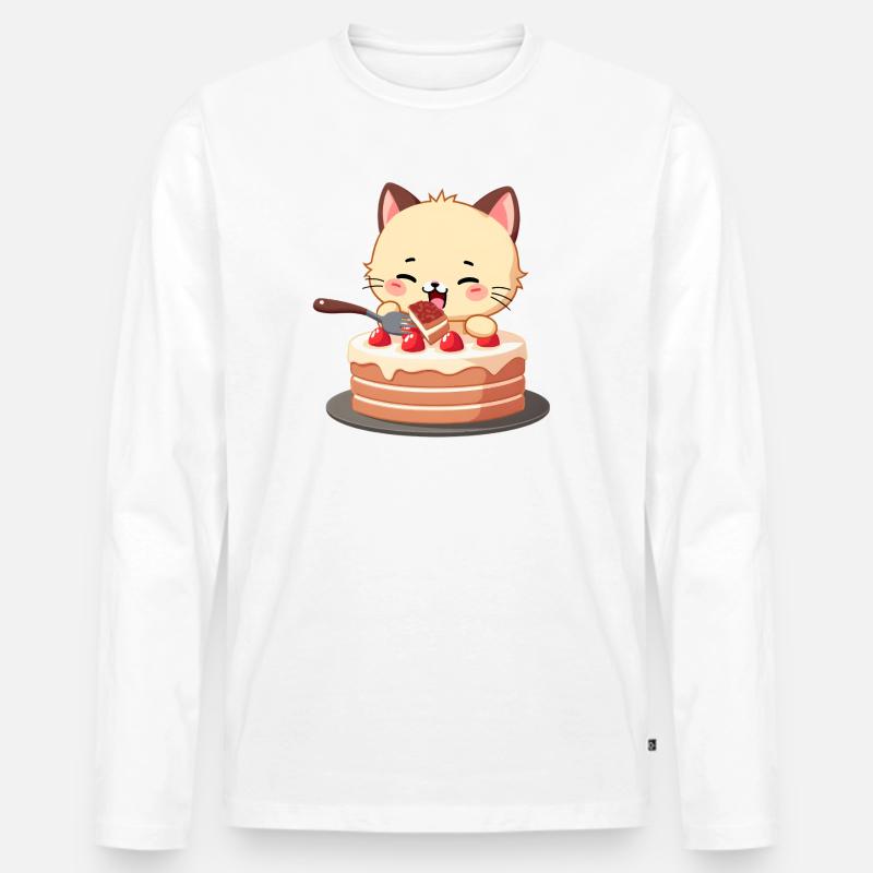 Katze isst Kuchen - Männer Premium Bio Langarmshirt - Weiß