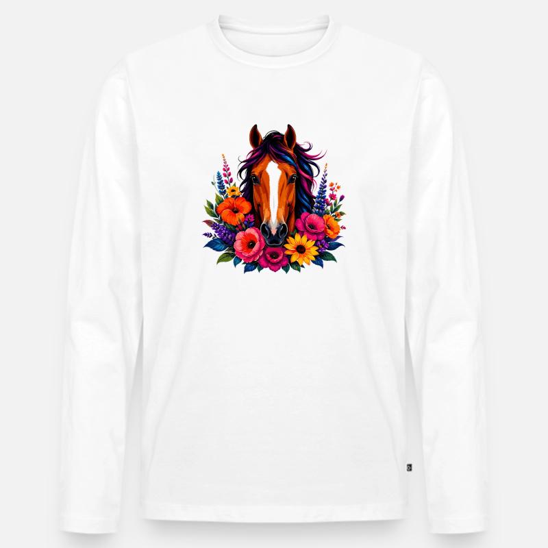 Pferd mit Blütenkranz - Männer Premium Bio Langarmshirt - Weiß