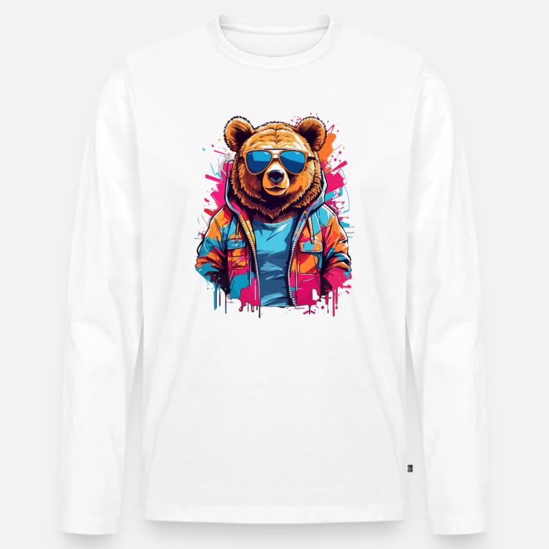 Neonbär in bunter Hoodie - Männer Premium Bio Langarmshirt - Weiß