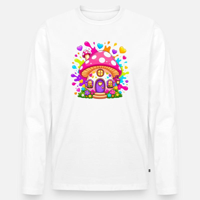 Märchenpilzhaus mit Herzfenstern - Männer Premium Bio Langarmshirt - Weiß