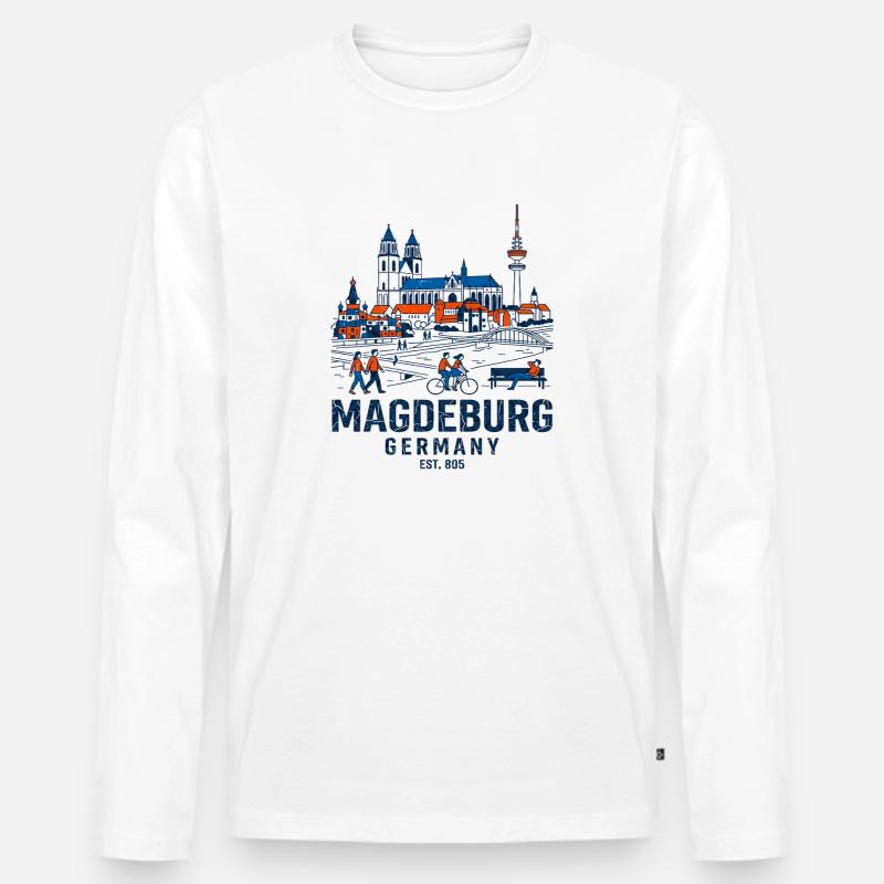 Magdeburg Germany Skyline And Elbe River - Männer Premium Bio Langarmshirt - Weiß
