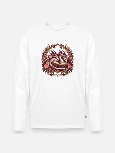 Buchdrache mit Rosen – Fantasy-Leseillustration - Männer Premium Bio Langarmshirt - Weiß