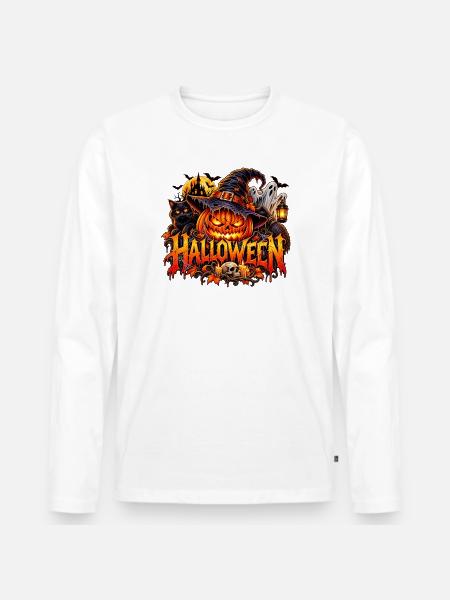 Halloween Kürbiszauber mit Hexenkatze - Männer Premium Bio Langarmshirt - Weiß