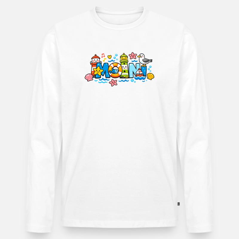 MOIN Möwe Leuchtturm Maritim Bunt - Männer Premium Bio Langarmshirt - Weiß