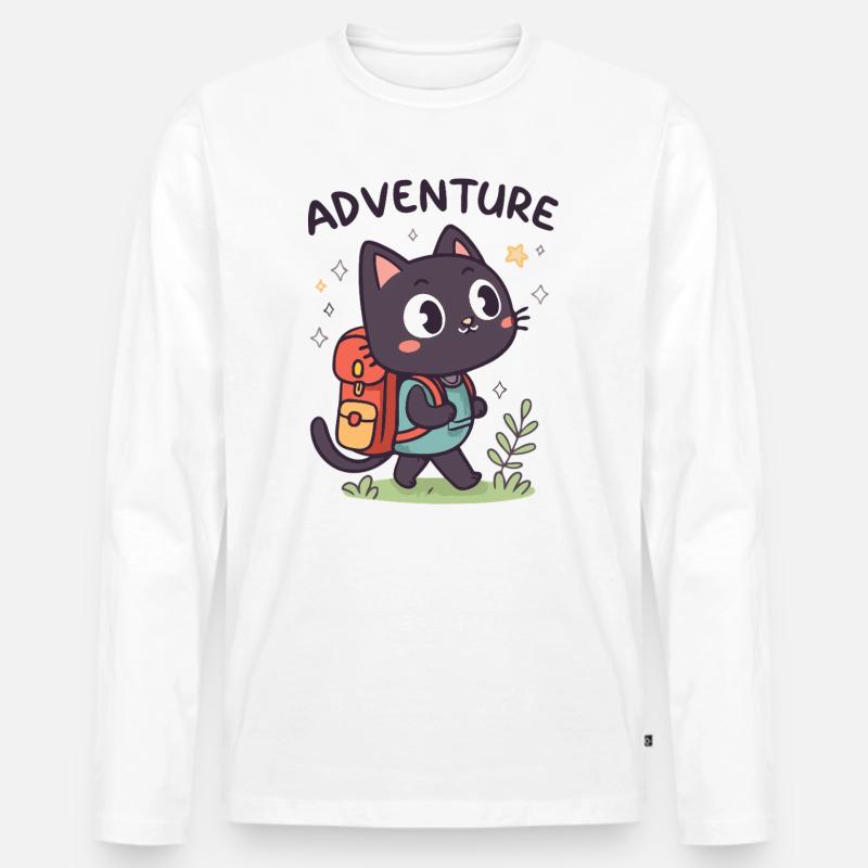 Abenteuerlustige schwarze Katze mit Rucksack - Männer Premium Bio Langarmshirt - Weiß