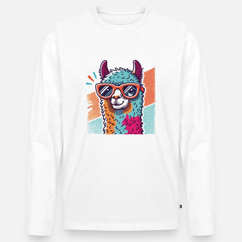 Pop-Art Lama mit Sonnenbrille - Männer Premium Bio Langarmshirt - Weiß