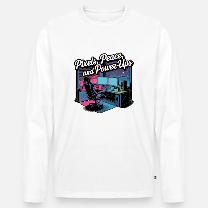 Pixels, Peace & Power-Ups – Gaming-Setup - Männer Premium Bio Langarmshirt - Weiß