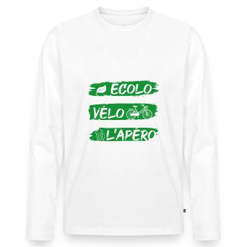 Je suis écolo, j'aime le vélo et l'apéro - T-shirt manches longues Premium bio Homme - blanc - Devant - Nico (187cm)