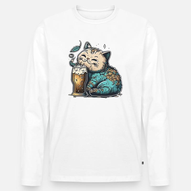 Glückliche Katzemit Bier - Männer Premium Bio Langarmshirt - Weiß