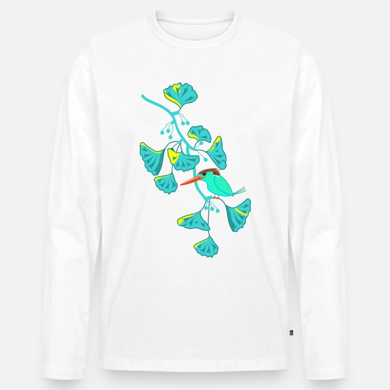 Eisvogel und Ginkgo - Männer Premium Bio Langarmshirt - Weiß