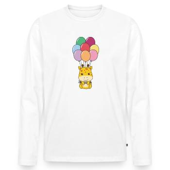 Giraffe flies upwards with colorful balloons - Men's Premium Organic Long Sleeve Shirt - white - Front - Nico (187cm)
