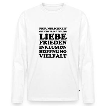 Liebe - Frieden - Vielfalt - Hoffnung - Inklusion - Männer Premium Bio Langarmshirt - Weiß - Vorne - Nico (187cm)