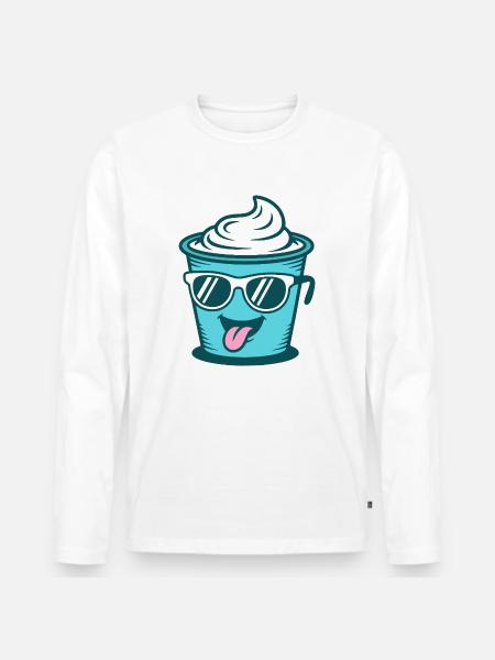 Crème Joghurt Sahne Eis - Becher mit Sonnenbrille - Männer Premium Bio Langarmshirt - Weiß