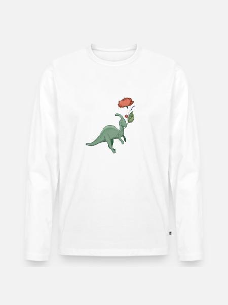 süßer Dinosaurier mit Blume - Männer Premium Bio Langarmshirt - Weiß