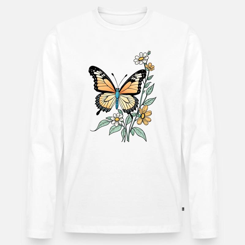 Schmetterling mit Blumen, Butterfly - Männer Premium Bio Langarmshirt - Weiß