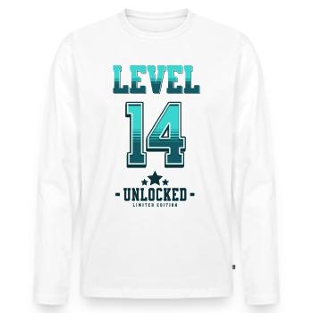 Niveau 14 débloqué – Anniversaire du joueur - T-shirt manches longues Premium bio Homme - blanc - Devant - Nico (187cm)