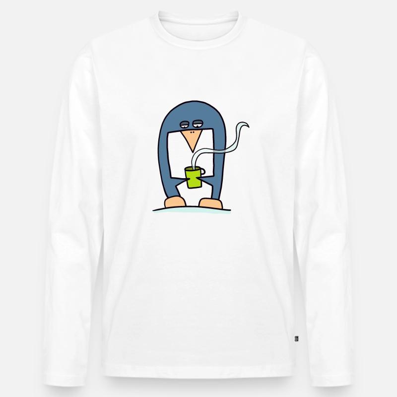 Pinguin trinkt Kaffee - Männer Premium Bio Langarmshirt - Weiß