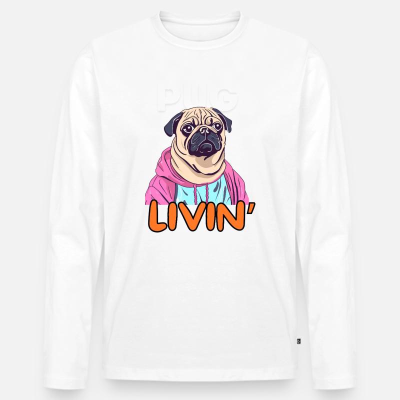 Humorvolle Mops-Karikatur im Kapuzenpullover - Männer Premium Bio Langarmshirt - Weiß