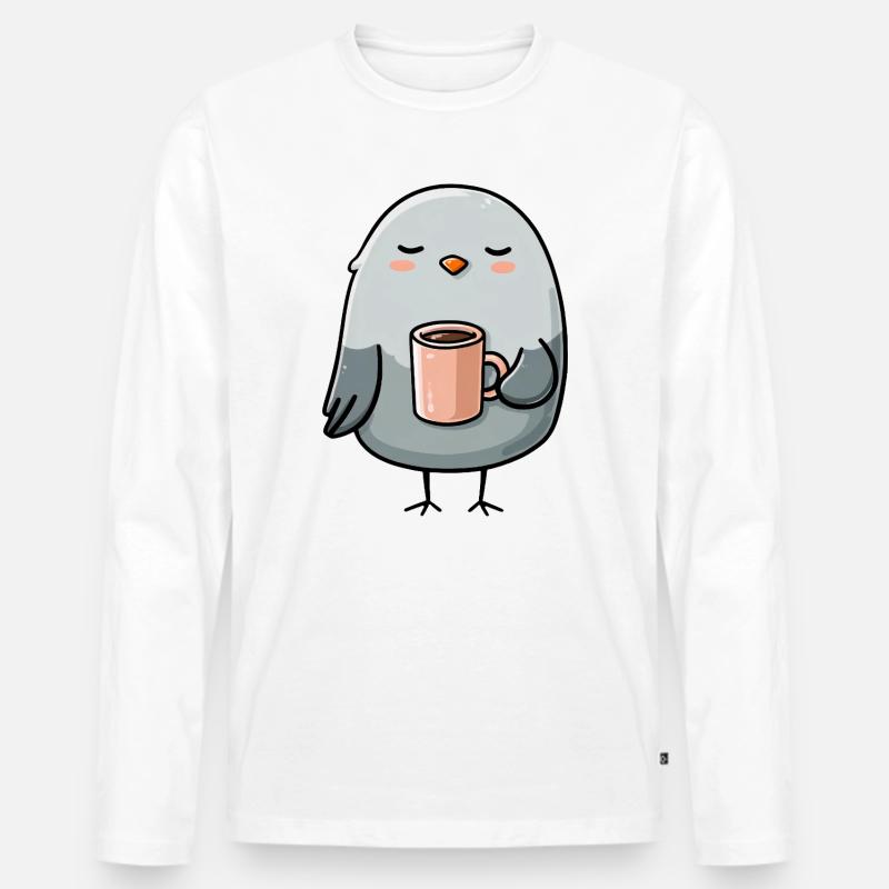 Gemütliche Taube mit Kaffeetasse - Männer Premium Bio Langarmshirt - Weiß