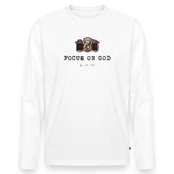 DLM FOCUS ON GOD B1U - Men's Premium Organic Long Sleeve Shirt - white - Front - Nico (187cm)