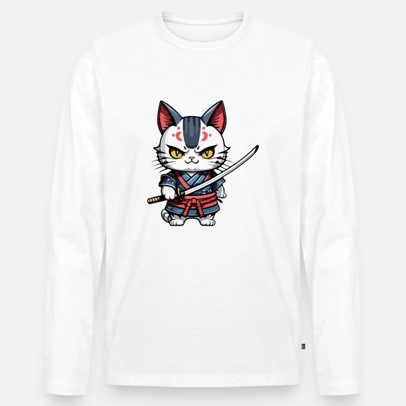 Samurai-Katze #27 - Männer Premium Bio Langarmshirt - Weiß