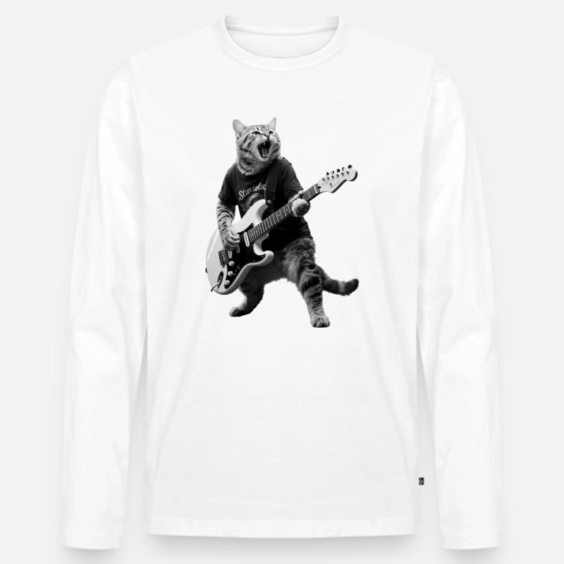 Rockkatze mit E-Gitarre - Männer Premium Bio Langarmshirt - Weiß