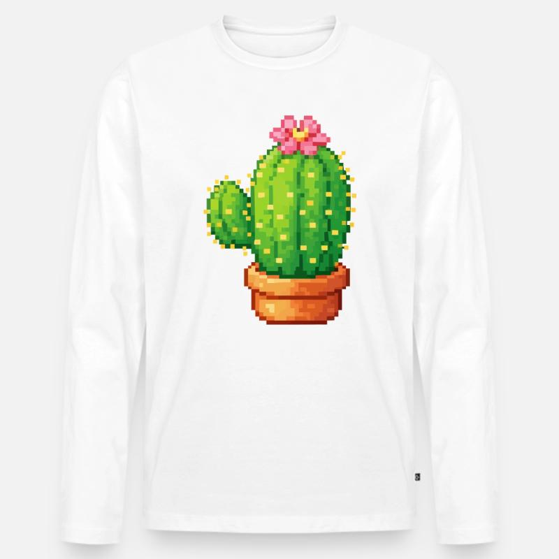 Pixelkaktus mit Blüte - Männer Premium Bio Langarmshirt - Weiß