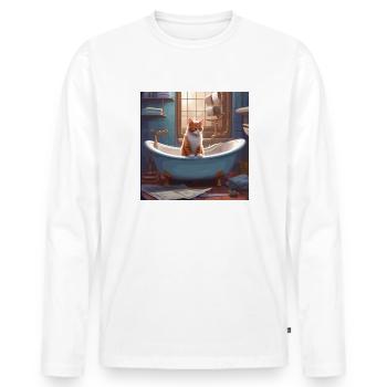 chat dans la baignoire, lecture de journaux, rétro - T-shirt manches longues Premium bio Homme - blanc - Devant - Nico (187cm)