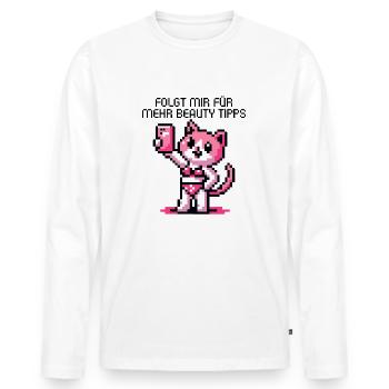 SELFIE INFLUENCER RETRO GAMING PIXELART KATZE - Männer Premium Bio Langarmshirt - Weiß - Vorne - Nico (187cm)