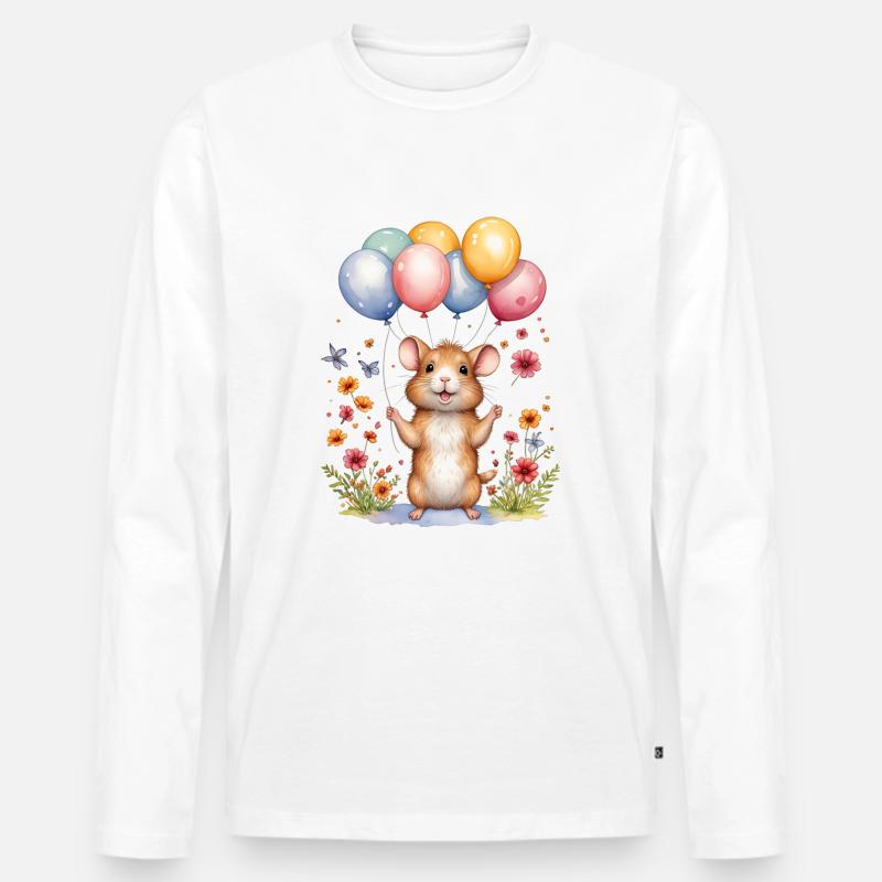 Süße Maus mit Geburtstagsballons - Männer Premium Bio Langarmshirt - Weiß