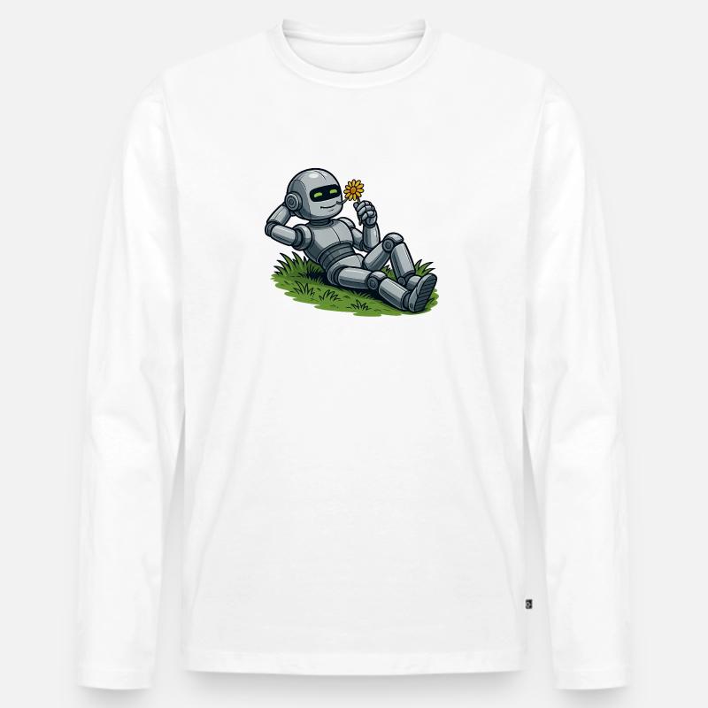Roboter mit Blume auf einen Rasen - Männer Premium Bio Langarmshirt - Weiß