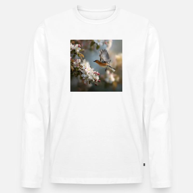 Frühlingssperling im Blütenflug - Männer Premium Bio Langarmshirt - Weiß