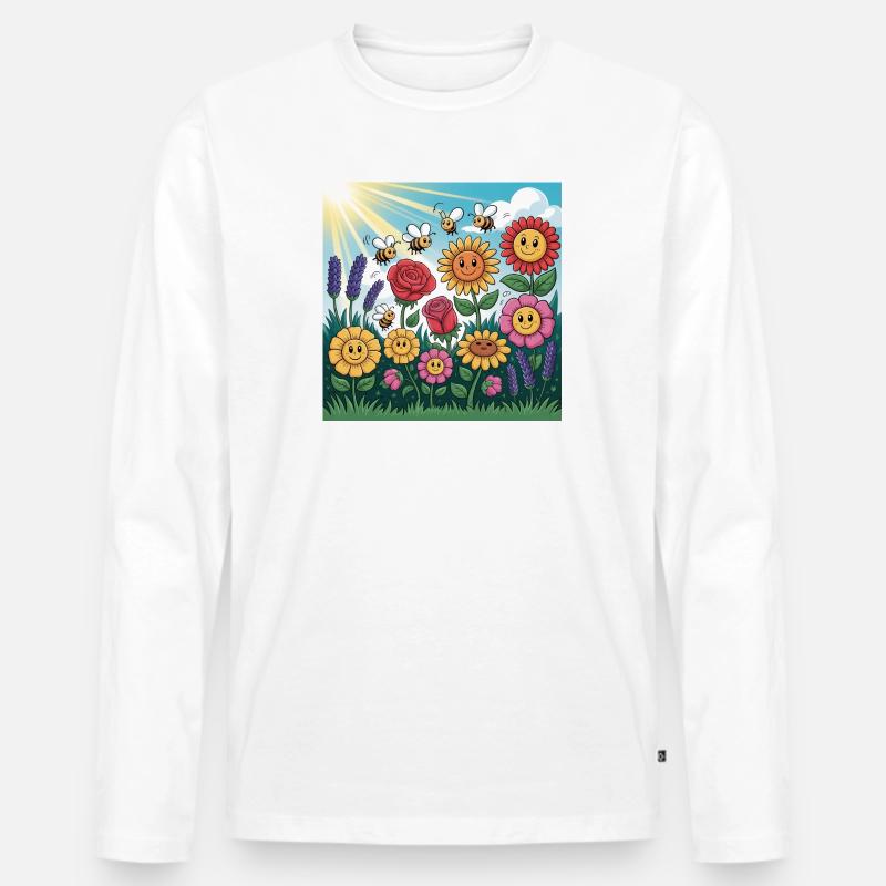 Sonnenblumengarten mit Biene - Männer Premium Bio Langarmshirt - Weiß
