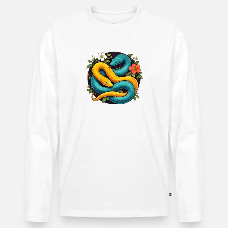 Zwei Pythonschlangen im Blütenring - Männer Premium Bio Langarmshirt - Weiß