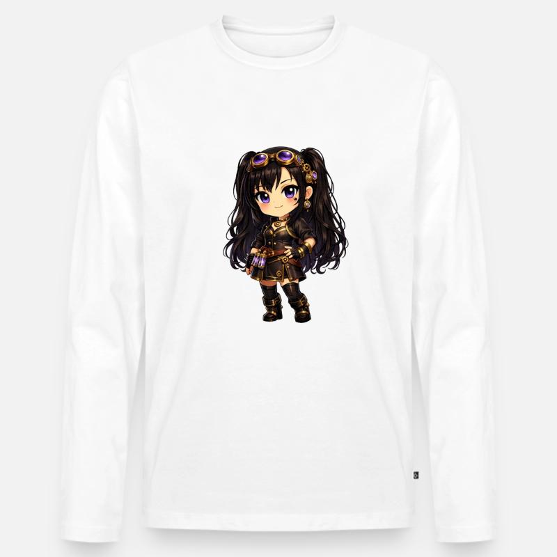 Chibi Steampunk-Mädchen Luna mit Lila Goggles - Männer Premium Bio Langarmshirt - Weiß