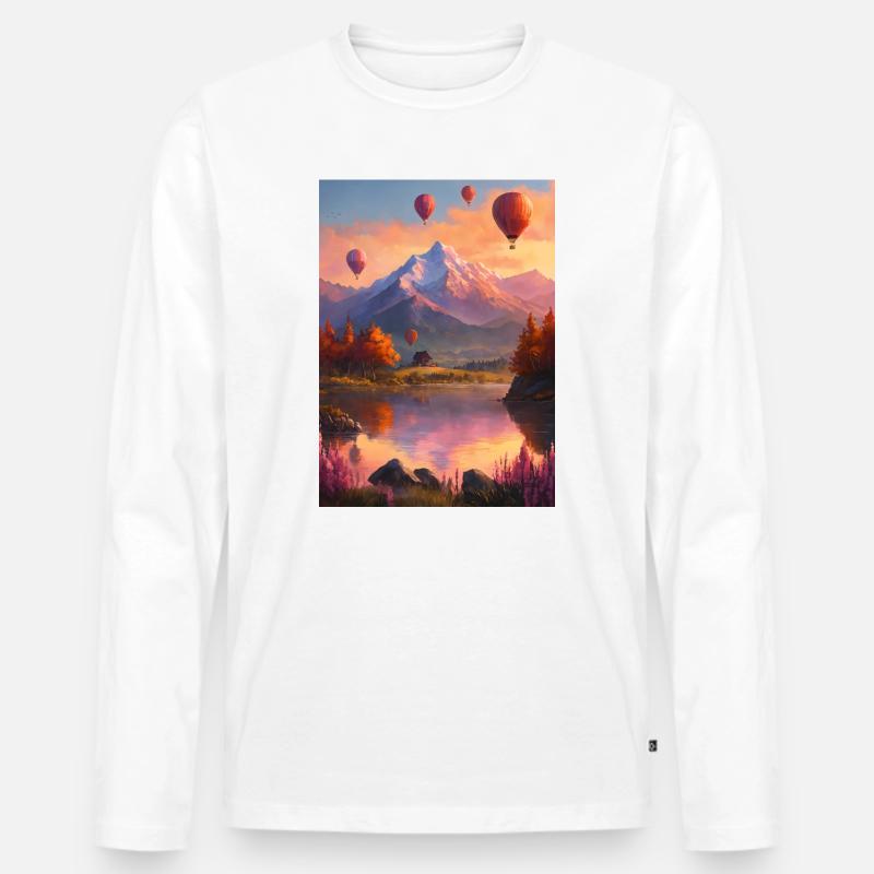 Ballonfahrt  am Bergsee bei Abendrot - Männer Premium Bio Langarmshirt - Weiß