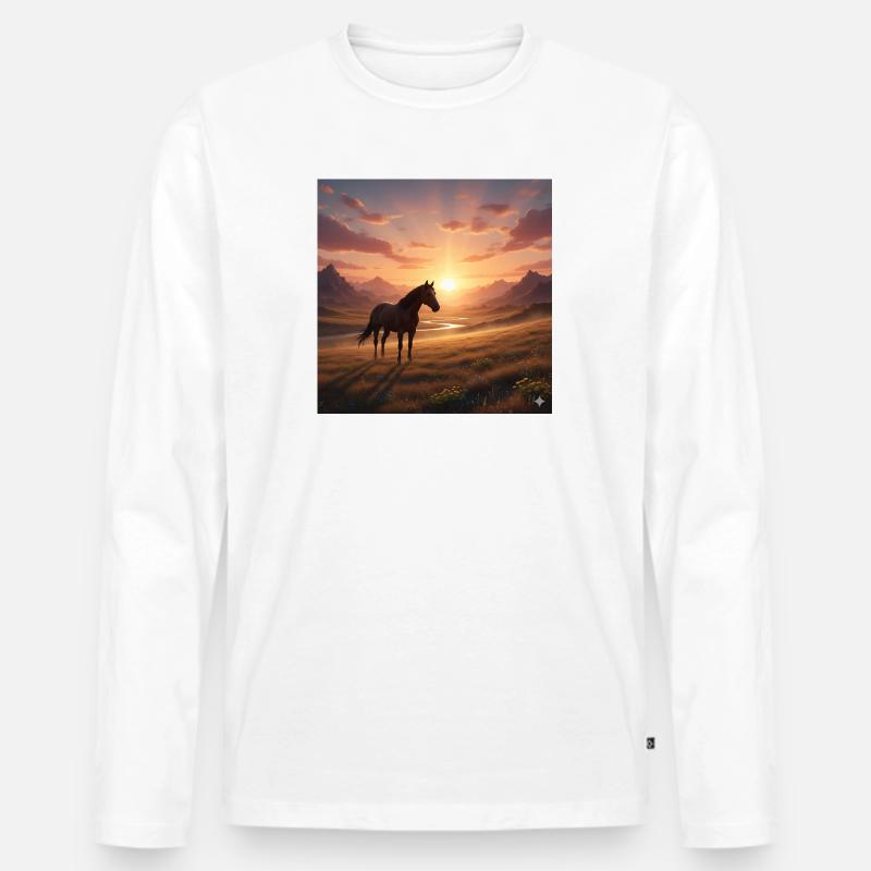 Sonnenuntergangs-Pferd im Bergtal - Männer Premium Bio Langarmshirt - Weiß