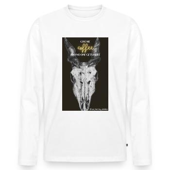 'Give me coffee' design with antelope skull + quote - Men's Premium Organic Long Sleeve Shirt - white - Front - Nico (187cm)