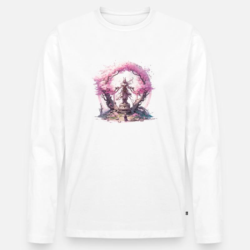 Statue unter einem Kirschblütenbaum - Männer Premium Bio Langarmshirt - Weiß