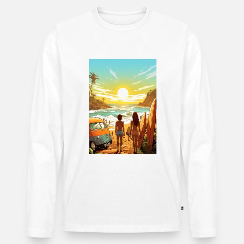 Strandszene mit Surfbrett - Männer Premium Bio Langarmshirt - Weiß
