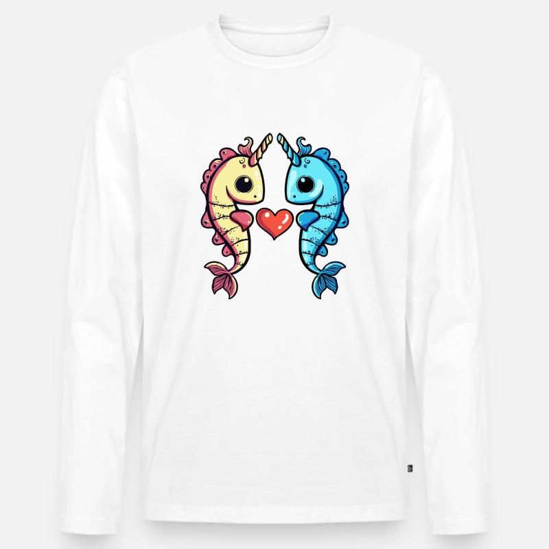 Seepferd Paar Herz - Männer Premium Bio Langarmshirt - Weiß