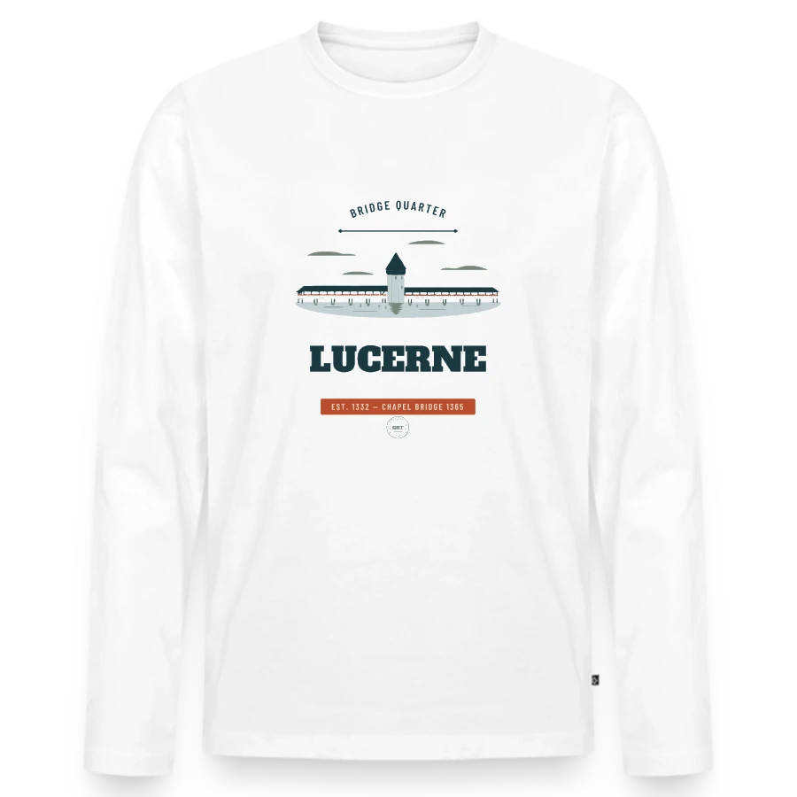 Lucerne badge on a men's premium organic long sleeve shirt, white