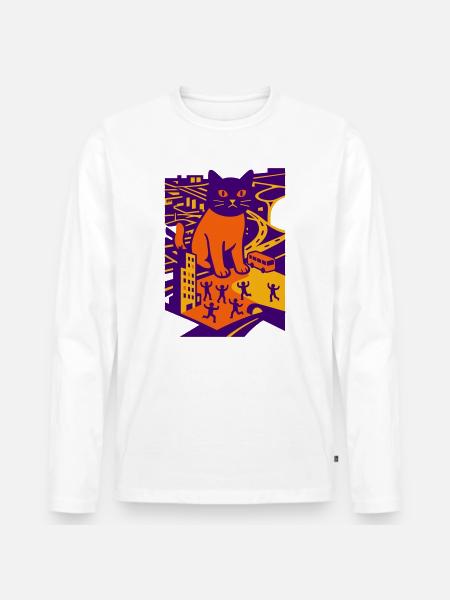 Chat géant dans la ville - T-shirt manches longues Premium bio Homme - blanc