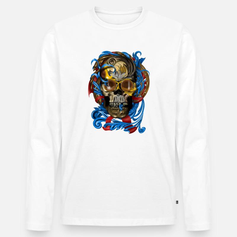 Barock Skull mit Blau Bändern - Männer Premium Bio Langarmshirt - Weiß