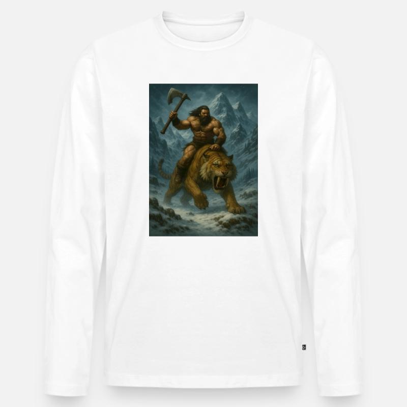 Wilder Krieger auf Sabertooth Tiger – Kunst - Männer Premium Bio Langarmshirt - Weiß