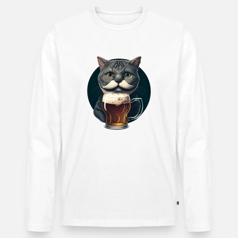 Katze mit Bier - Männer Premium Bio Langarmshirt - Weiß