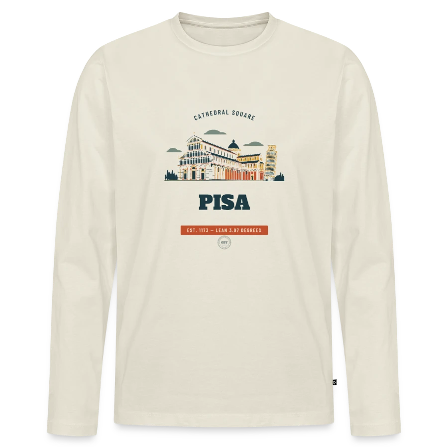 Pisa badge on a men's premium organic long sleeve shirt, off white, front