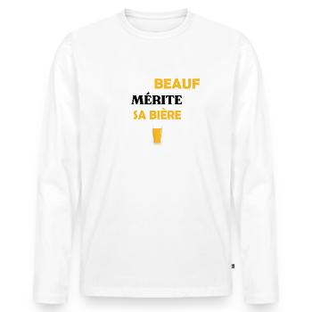 Tout beauf mérite sa bière t-shirt humoristique - T-shirt manches longues Premium bio Homme - blanc - Devant - Nico (187cm)