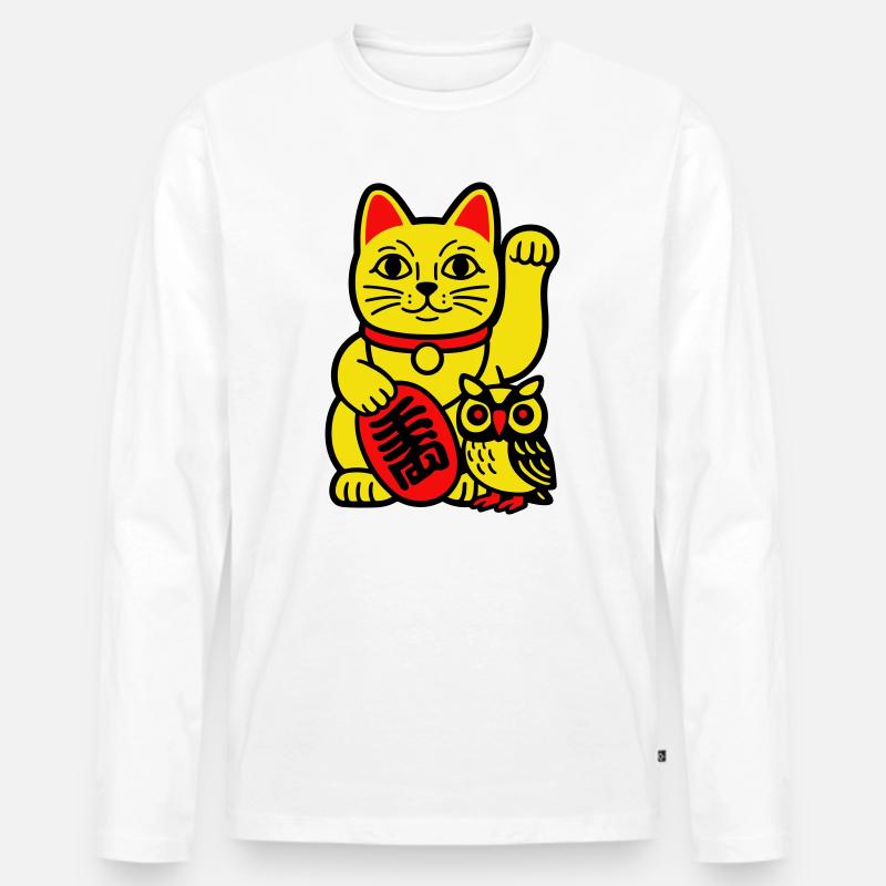 Glückskatze mit kleiner Eule - Männer Premium Bio Langarmshirt - Weiß